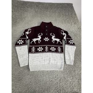 Amongst Others Sweater Mens M Red Gray Reindeer Fair Isle Henley Knit Pullover